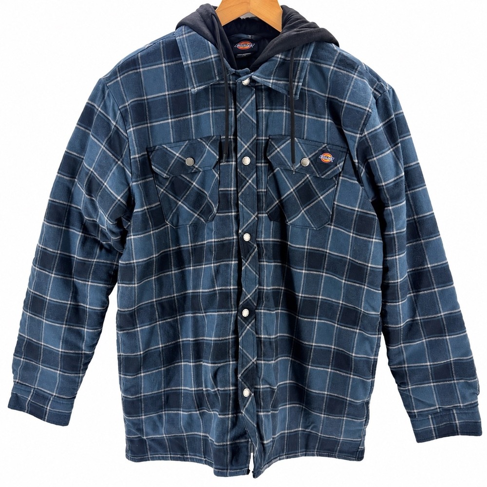 Dickies Mens Plaid Hooded Flannel Shirt Jacket Blue Quilted Lined XL